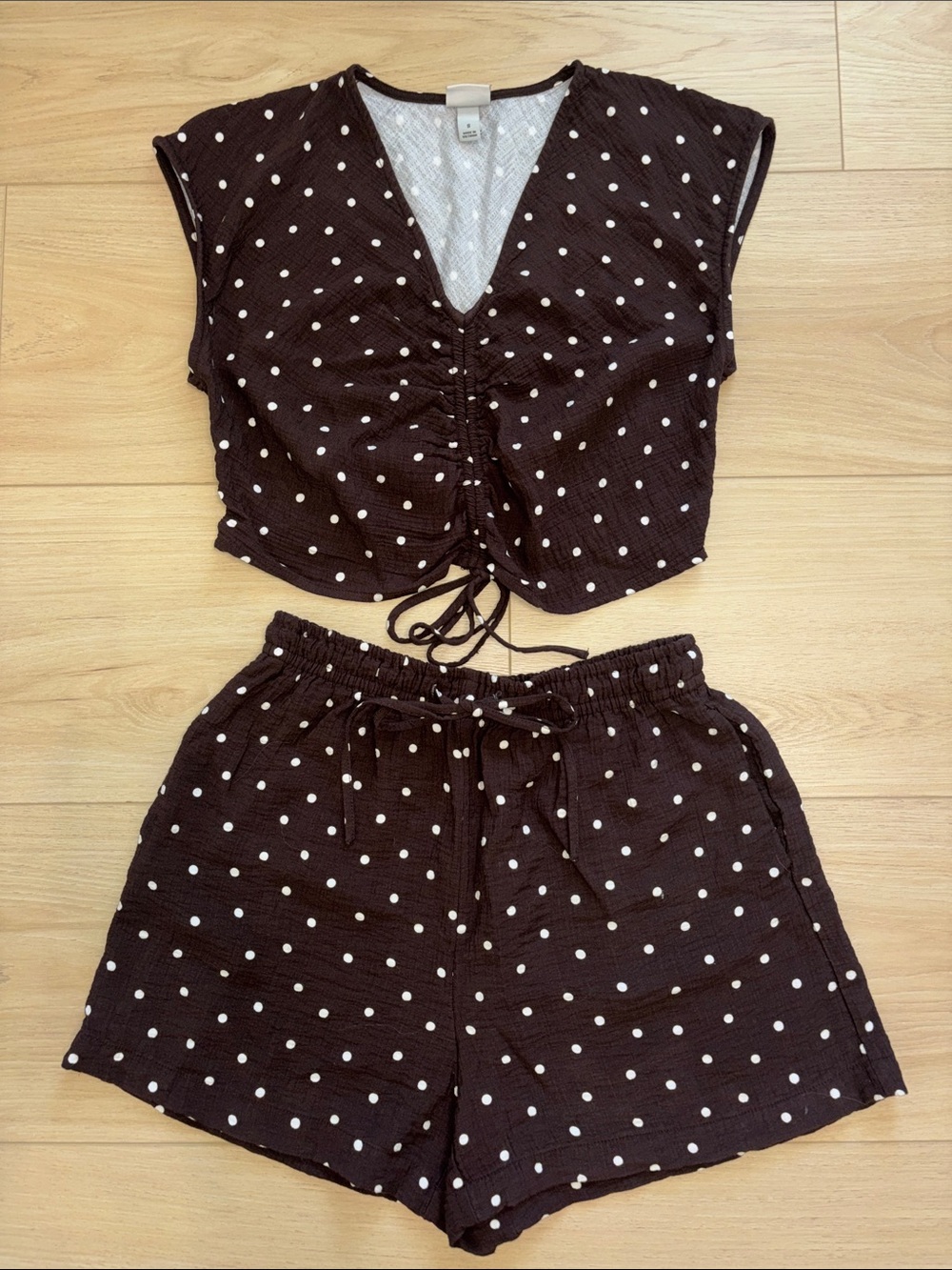a new day Matching Brown Polka Dot Set - Drawstring Crop Top & Shorts Set